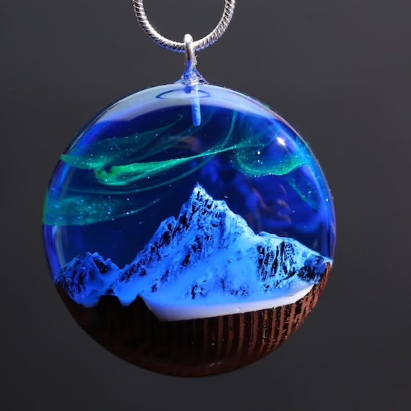 Olivenorma Snow Mountain Aurora Resin Wood Round Pendant Necklace