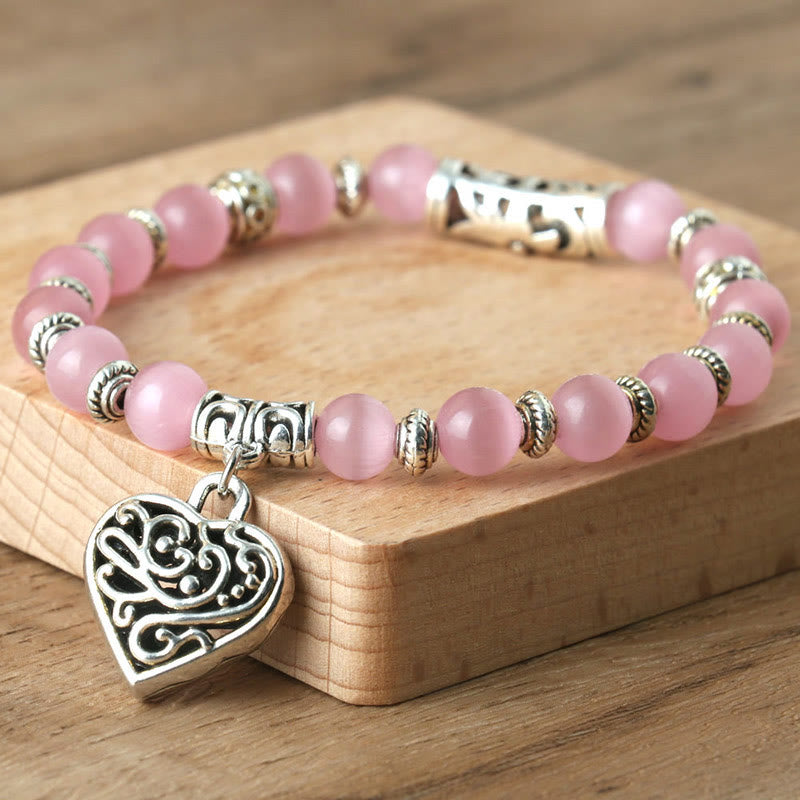 Olivenorma Hollow Love Pendant Pink Cat's Eye Bracelet