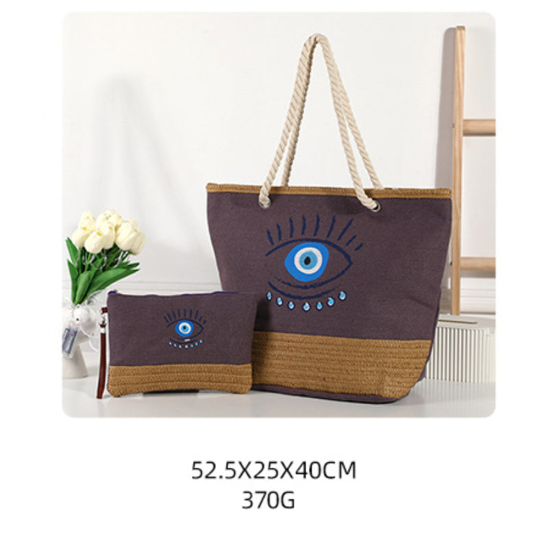 Olivenorma Evil Eye Canvas Straw Patchwork Beach Tote Bag