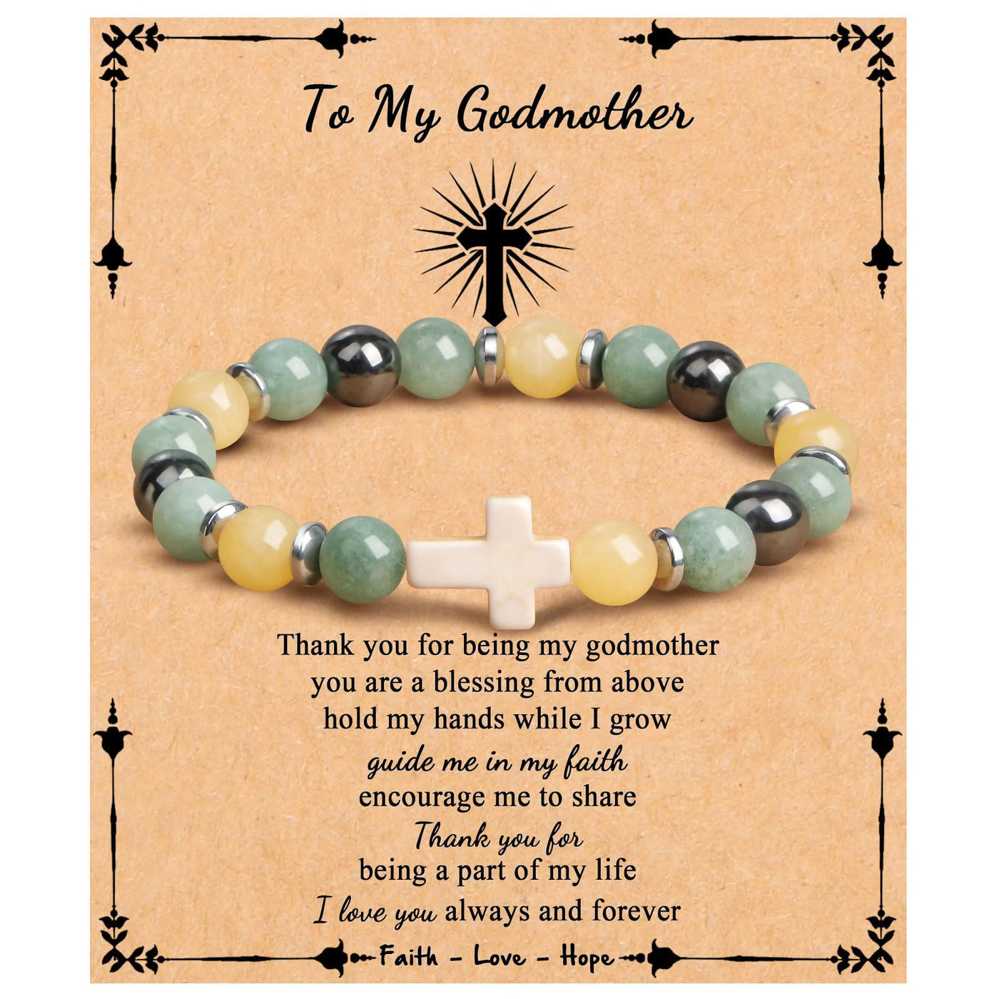 Olivenorma "To My Godmother" Natural Stone Beaded Cross Bracelet