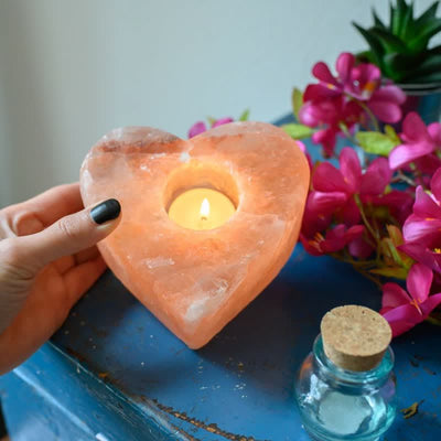 Olivenorma Hand Carved Heart Shape Candle Holder Himalayan Pink Salt Lamp