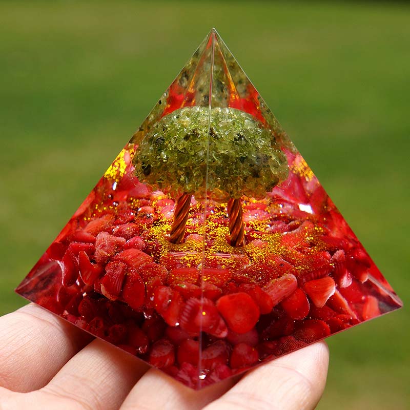 Olivenorma Peridot With Red Coral Tree Of Life Orgone Pyramid