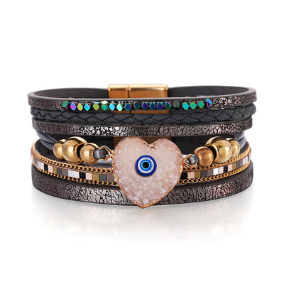 Olivenorma "Triple Protection" Heart Crystal Gold Bead Evil Eye Bracelet