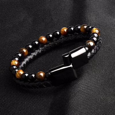 Olivenorma Natural Tiger Eye Leather Rope Double Layer Bracelet