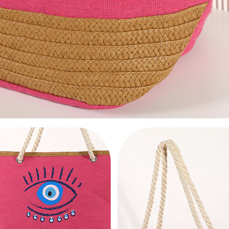 Olivenorma Evil Eye Canvas Straw Patchwork Beach Tote Bag