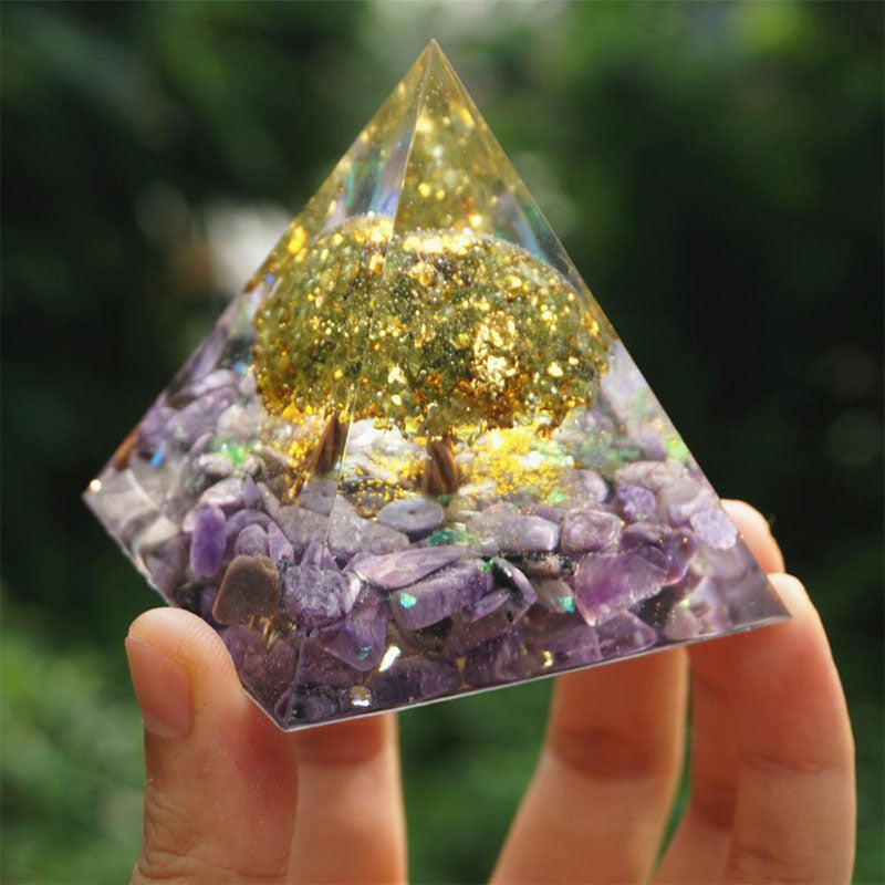 Olivenorma Tree of Harmony-Charoite & Peridot Orgone Pyramid - image 3