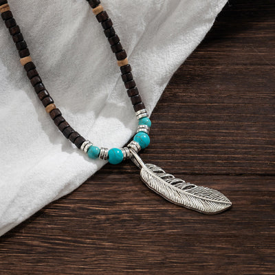 Olivenorma Turquoise Wooden Bead Feather Pendant Bohemian Necklace