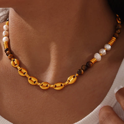 Olivenorma Tiger Eye Obsidian Freshwater Pearl Titanium Steel Necklace