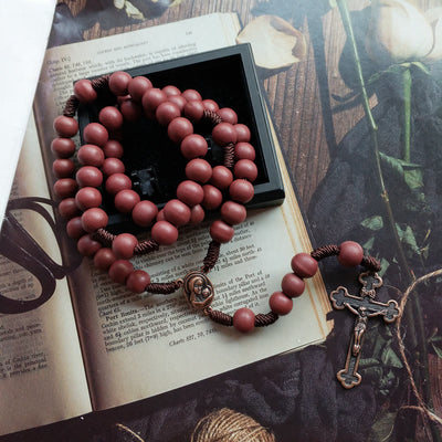 Olivenorma Red Brown 10mm Wooden Bead Cross Rosary Necklace