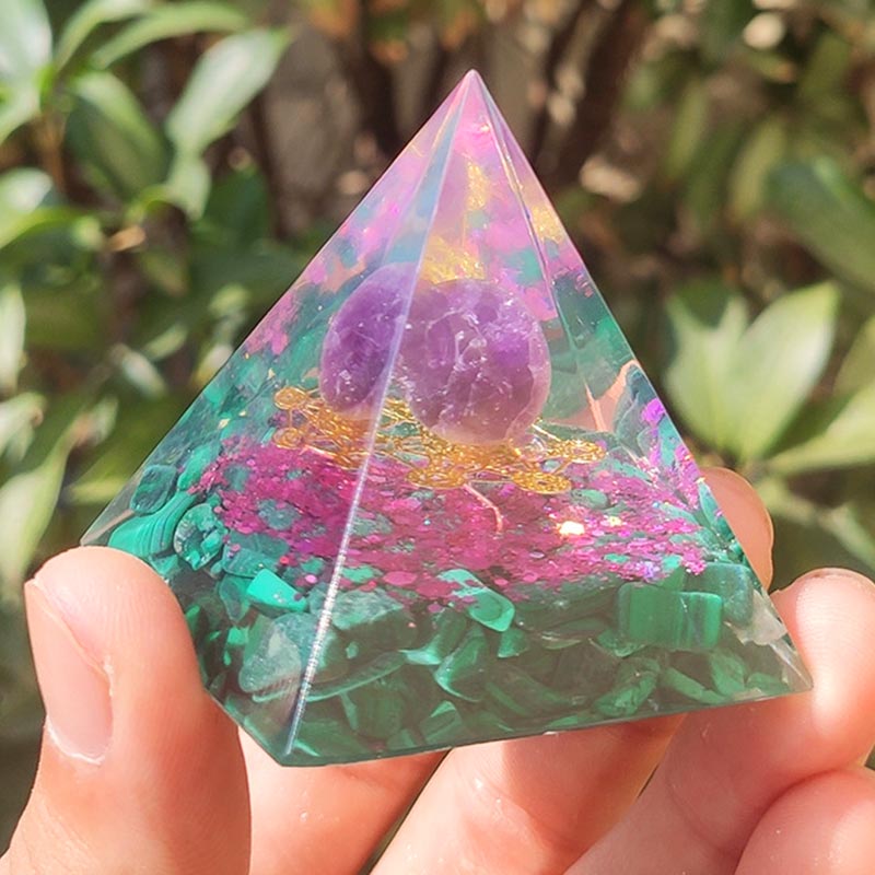 Olivenorma Amethyst Malachite Metatron's Cube Symbol Orgone Pyramid