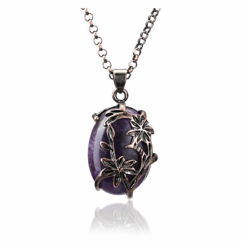 Olivenorma Amethyst Brass Flower Wrapped Crystal Necklace