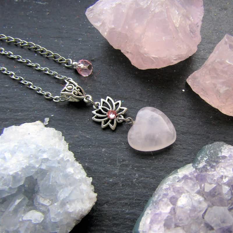 Olivenorma Bohemia Rose Quartz Heart Shape Lotus Necklace