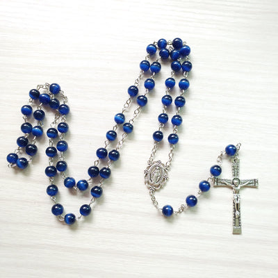 Olivenorma Blue Cat's Eye 8mm Stone Cross Rosary Necklace