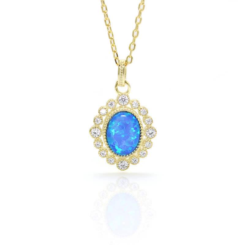 Olivenorma Blue Opal Oval Engraved Pendant Necklace