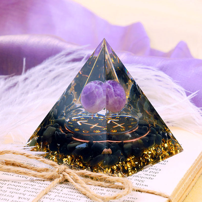 (Clearance 30% OFF / CODE: OFF30) - Olivenorma Amethyst Sphere With Obsidian Zodiac Sagittarius Orgone Pyramid