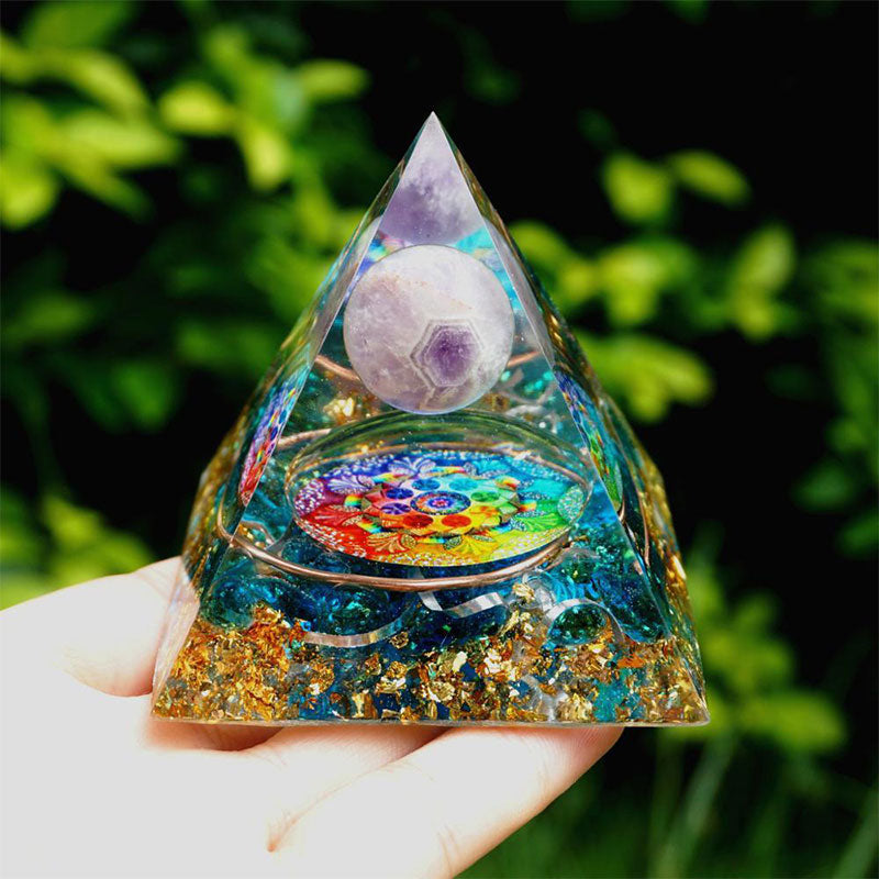 (Clearance 30% OFF / CODE: OFF30) - Olivenorma Amethyst Crystal Sphere with Blue Quartz Orgone Pyramid