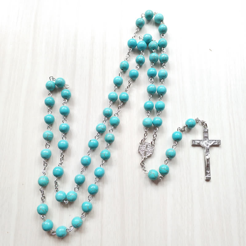 Olivenorma Turquoise Silver Cross Charm Rosary Necklace