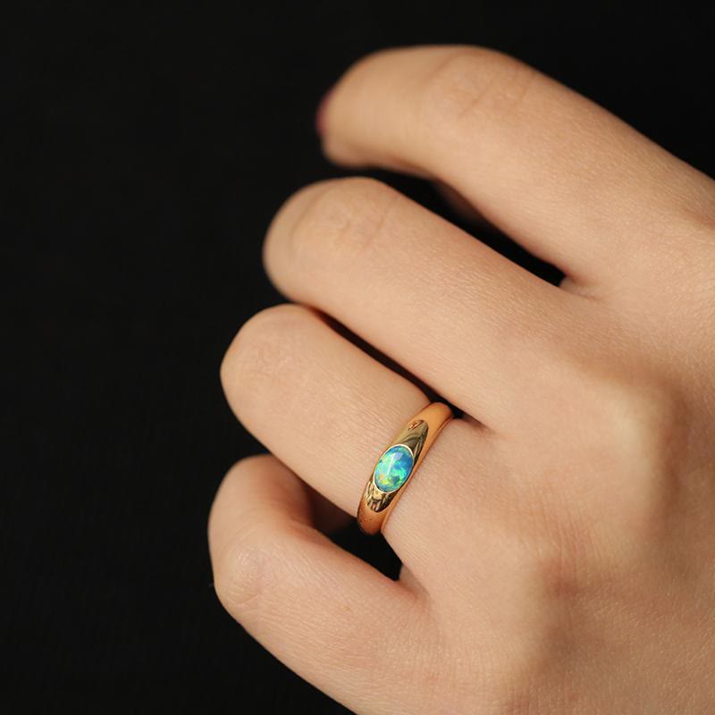 Olivenorma Oval Blue Opal Simple Retro Golden Ring