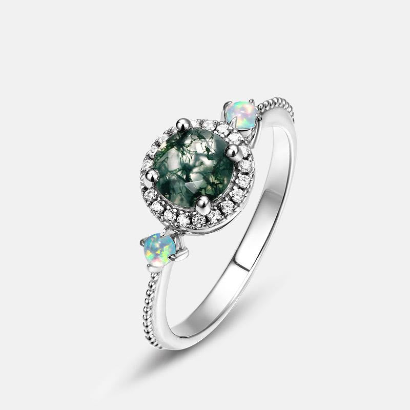 Olivenorma Round Moss Agate Opal Light Luxury Ring