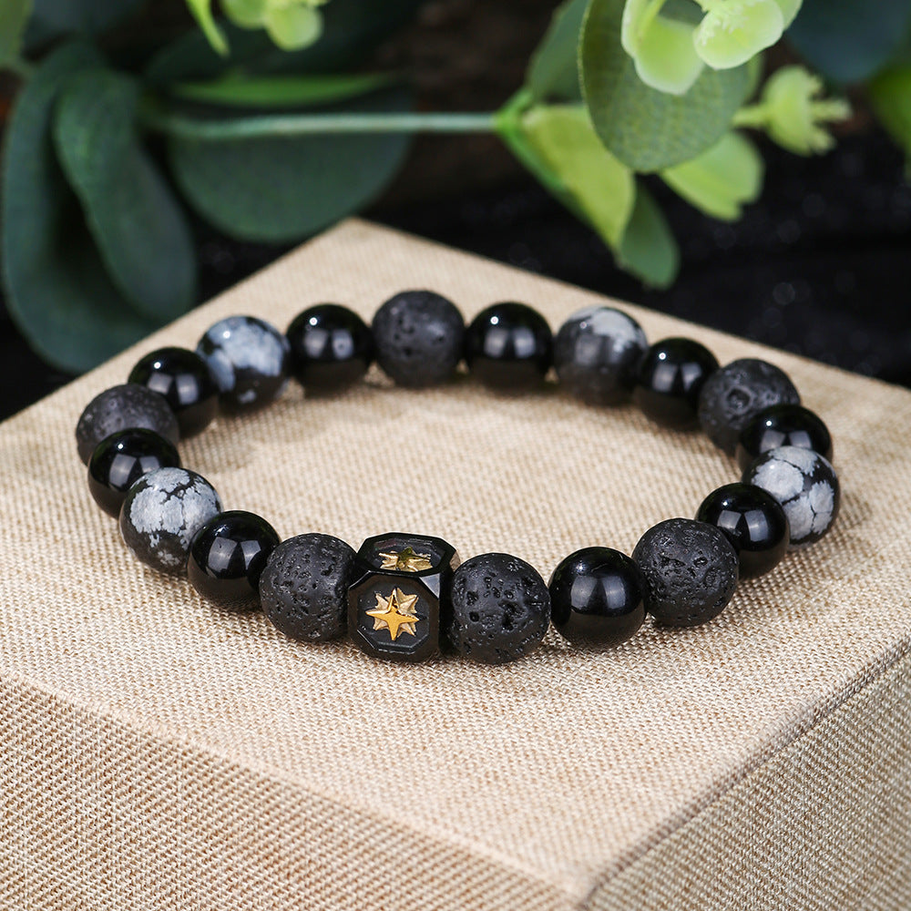 Olivenorma Lava Stone Snowflake Obsidian Eight-pointed Star Men Bracelet