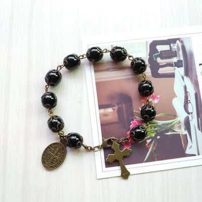 Olivenorma Obsidian Holy Medal Cross Pendant Rosary Bracelet