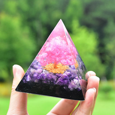 Olivenorma Tree of Life Amethyst Obsidian with Pink Crystal Orgone Pyramid