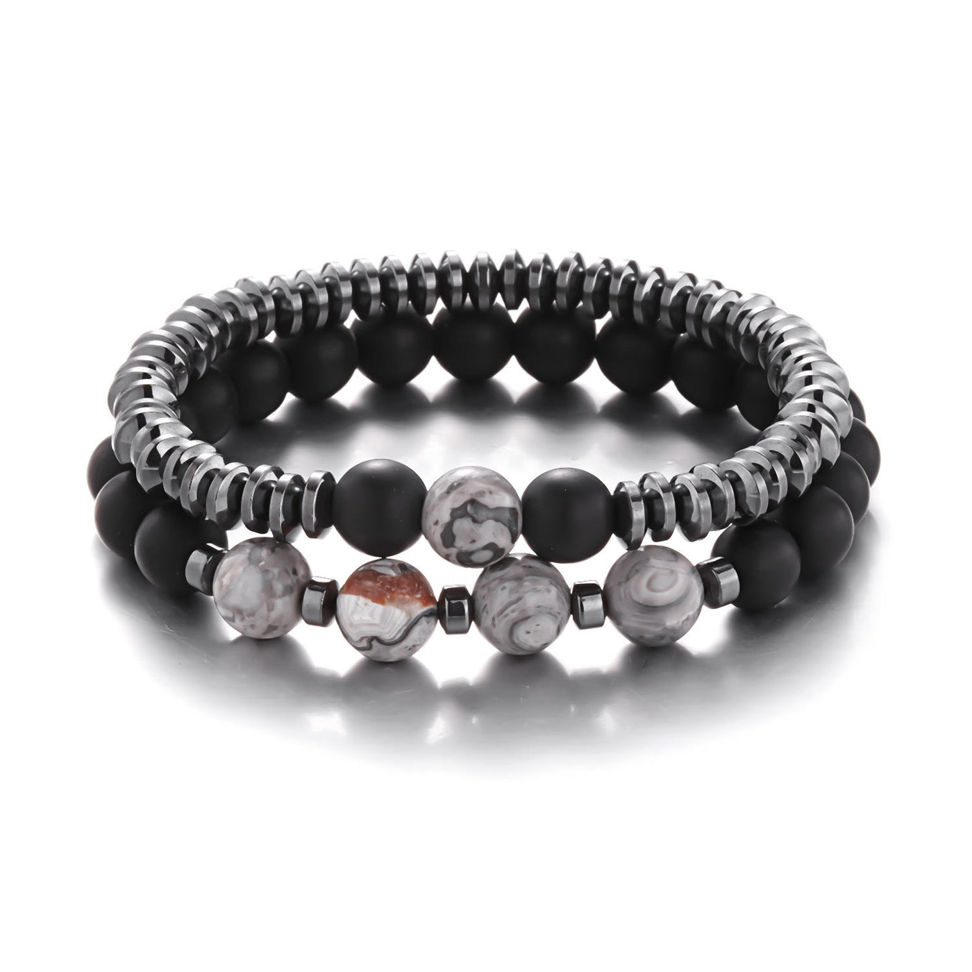 Olivenorma Gray Jasper Black Onyx Men Beaded Bracelet Set