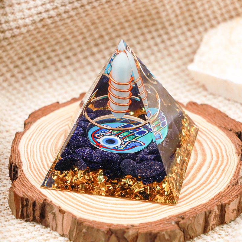 Olivenorma Aquamarine Pillar Hamsa & Evil Eye Orgone Pyramid