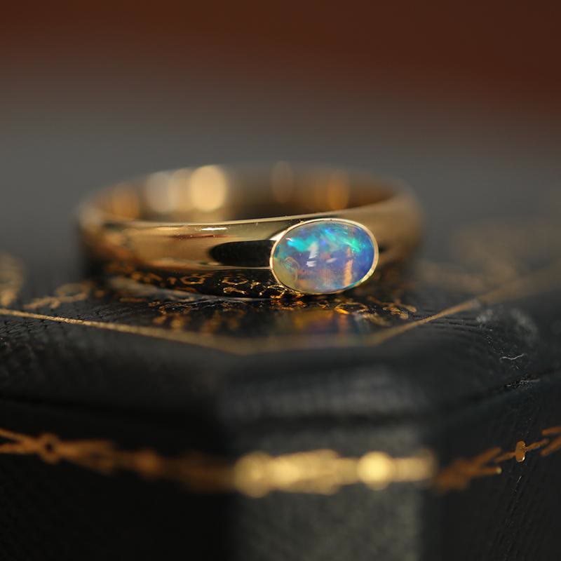 Olivenorma Oval Blue Opal Simple Retro Golden Ring