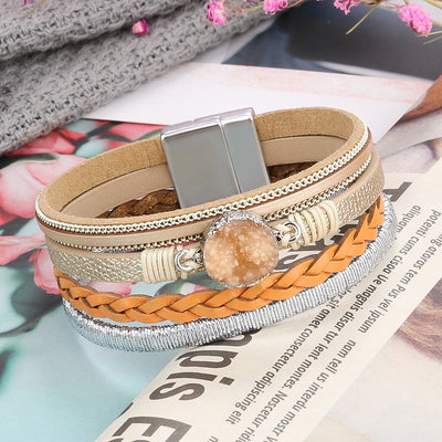 Olivenorma Natural Cluster Braided Leather Magnetic Leather Bracelet