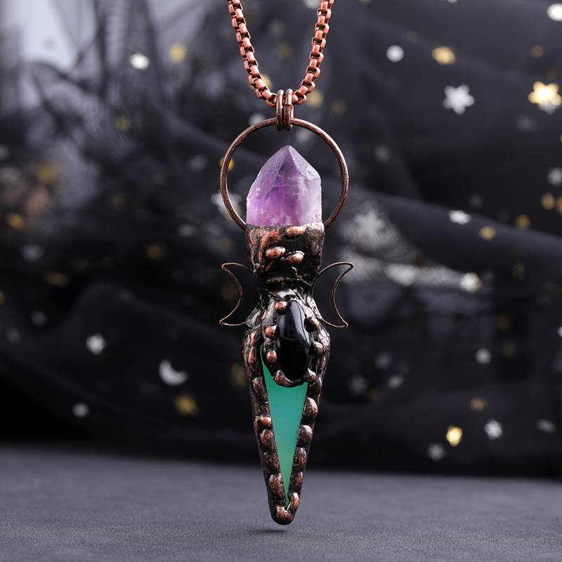 Olivenorma Copper Arrow Double Moon Crystal Pendant Gemstone Necklace