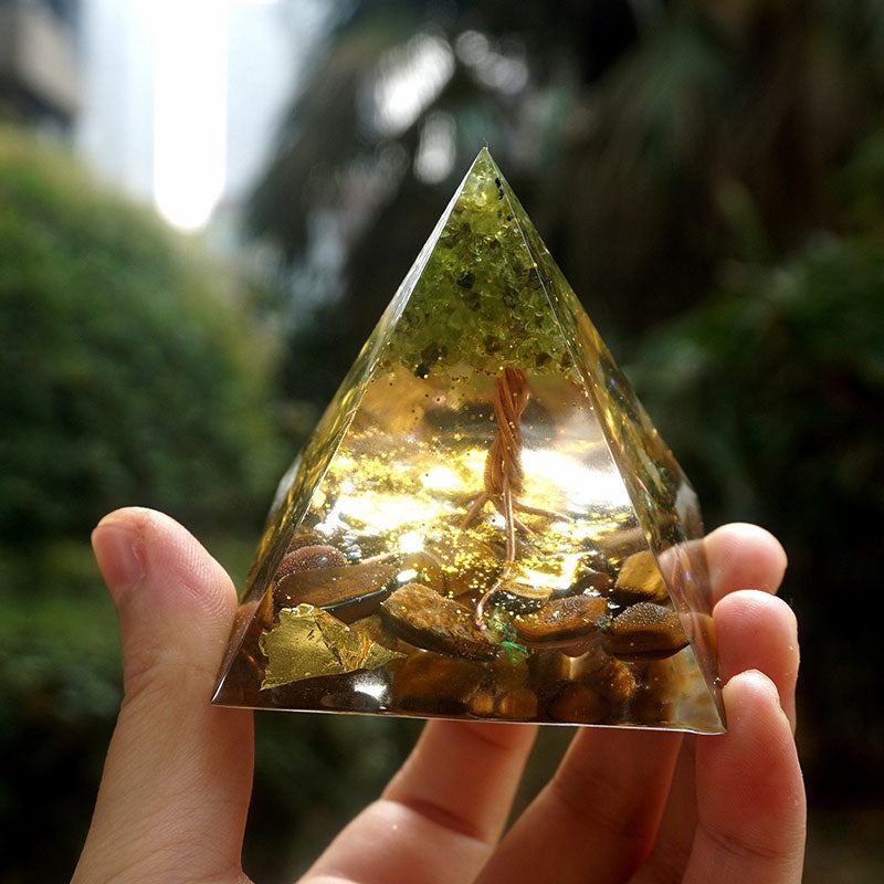 Olivenorma Tree of Life Peridot With Tiger Eye Orgone Pyramid