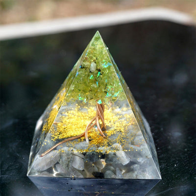 Olivenorma Tree of Life Peridot With Grey Moon Stone Orgone Pyramid