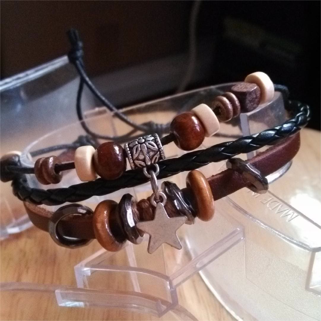 Olivenorma Cross Star Pendant Leather Braided Men Bracelet