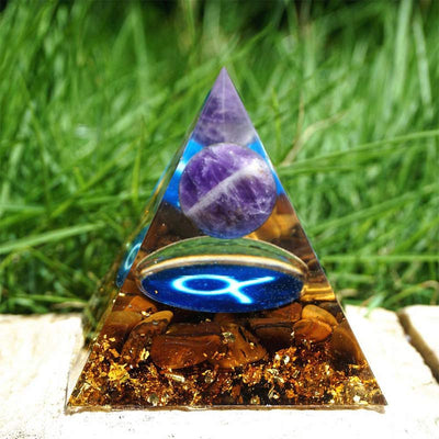 (Clearance 30% OFF / CODE: OFF30) - Olivenorma Amethyst with Tiger Eye Taurus Zodiac Orgone Pyramid