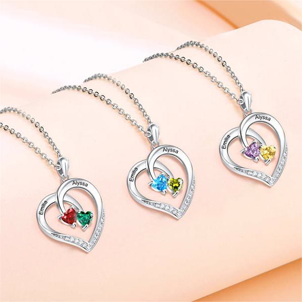 Olivenorma Custom Heart Promise 2 Birthstones Name Engaving Necklace