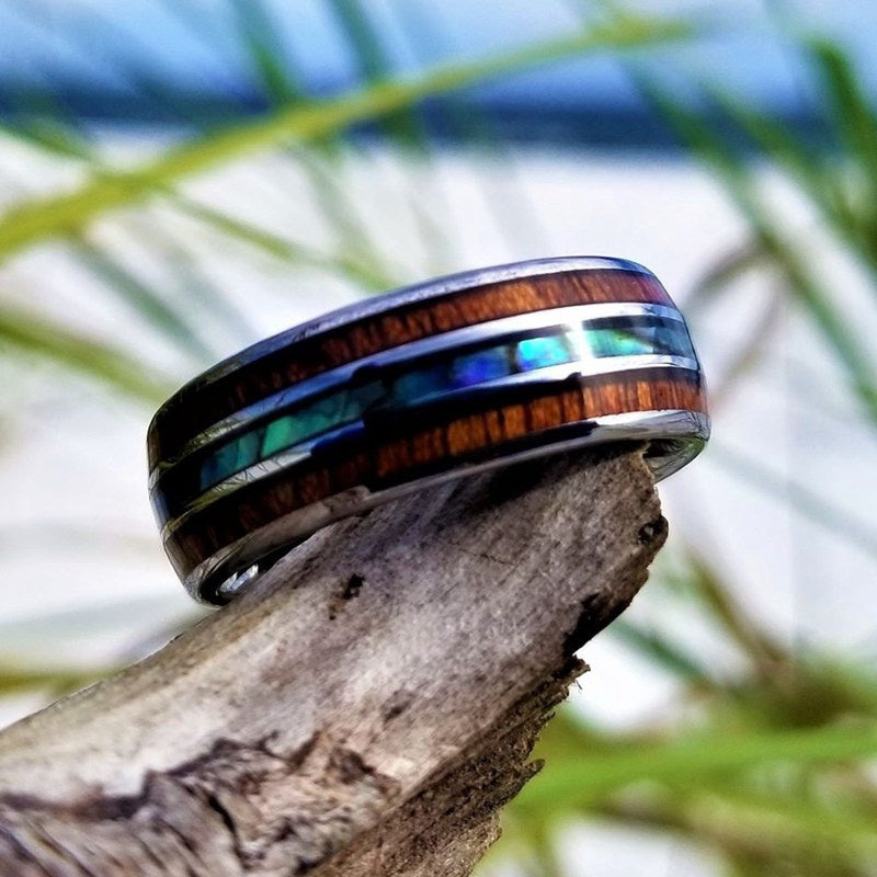 Olivenorma Koa Wood and Abalone Shell Tungsten Carbide Ring