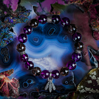 Olivenorma Men Amethyst Feather Pendant Beads Bracelet