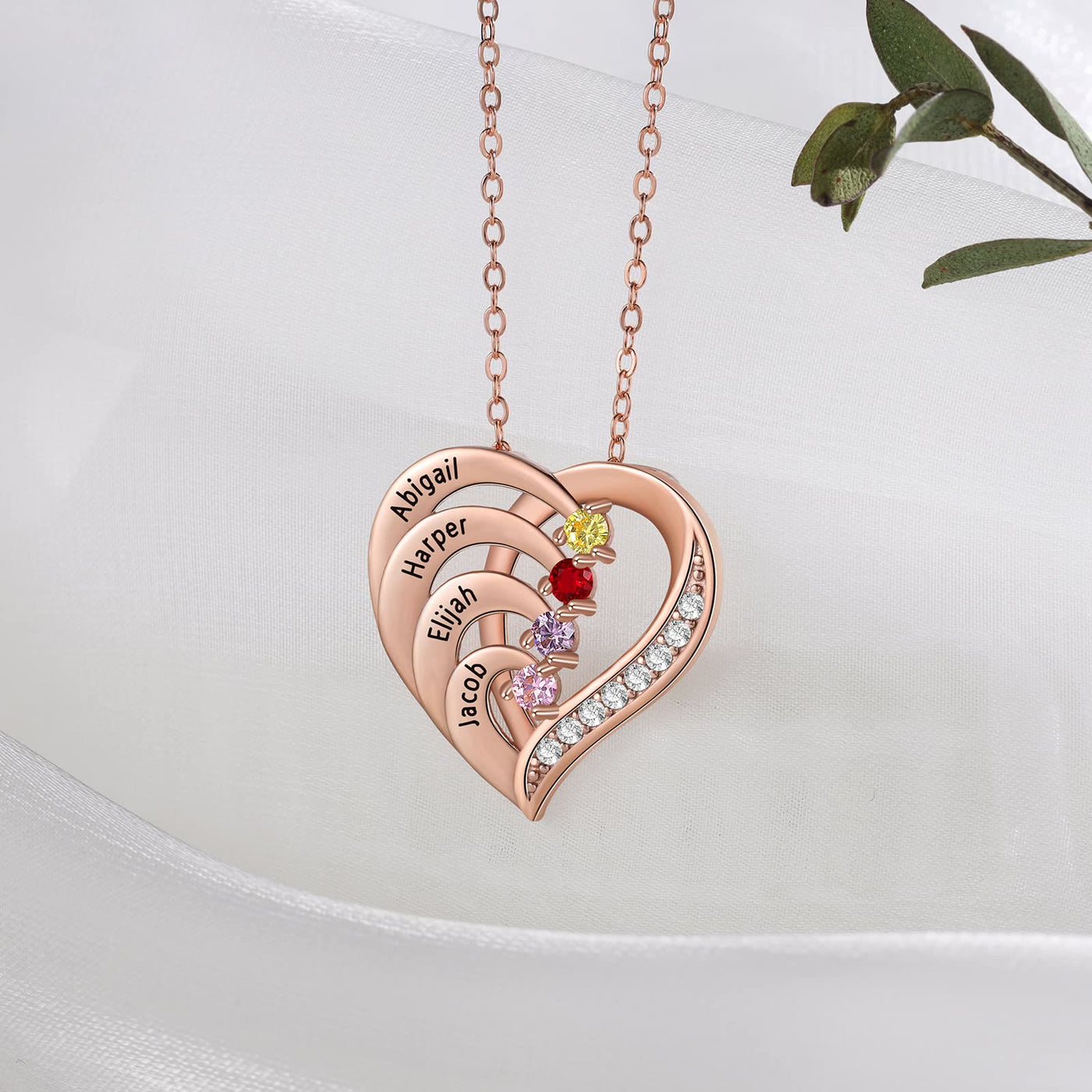 Olivenorma Personalized Birthstones Engraved Heart Necklace