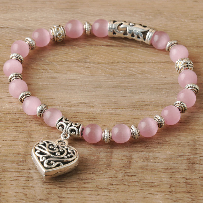 Olivenorma Hollow Love Pendant Pink Cat's Eye Bracelet