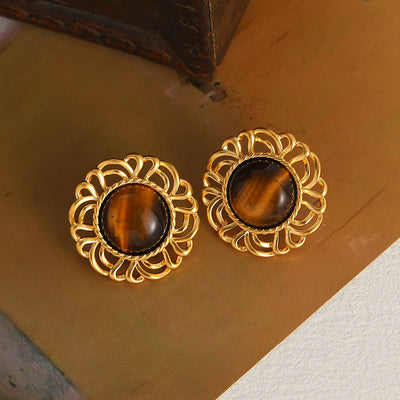 Olivenorma Tiger Eye Sunflower Gold Earrings