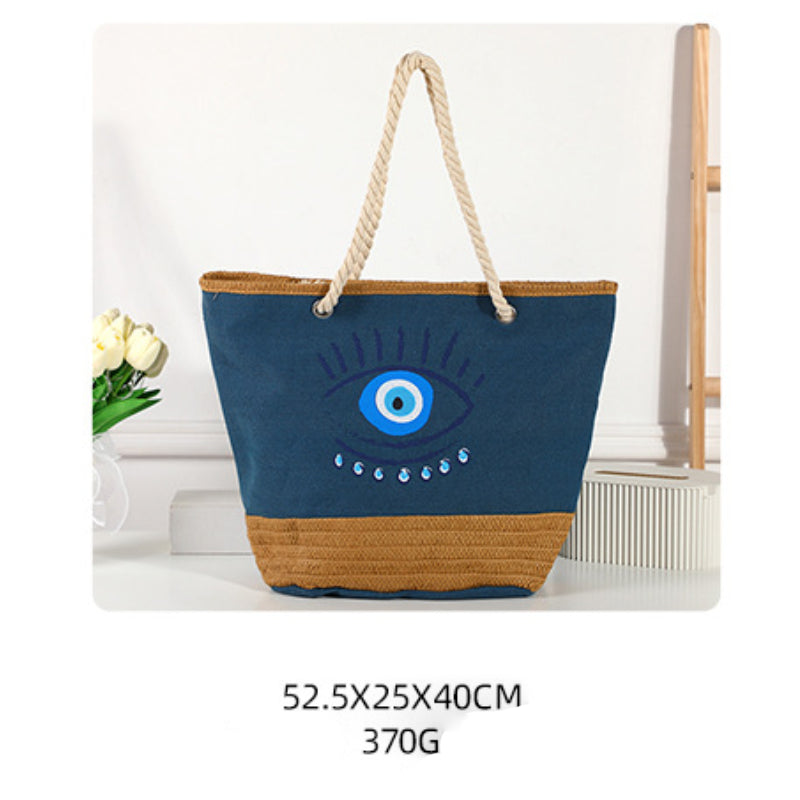 Olivenorma Evil Eye Canvas Straw Patchwork Beach Tote Bag