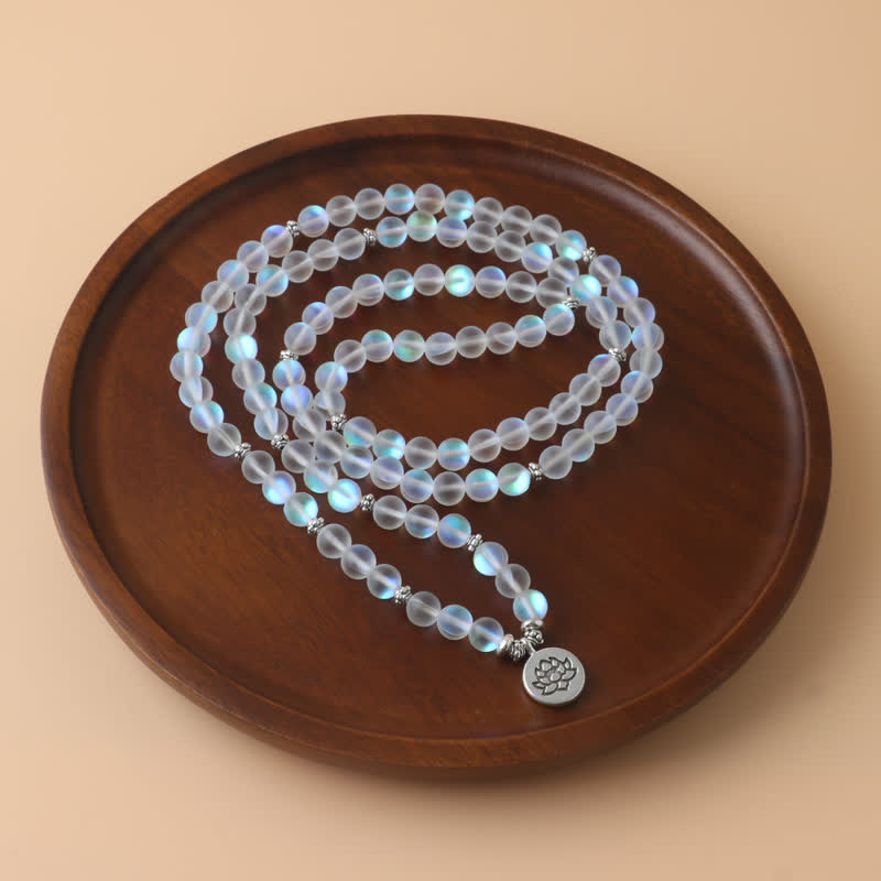 Olivenorma 108 Moonstone Mala Beads Lotus Pendant Necklace