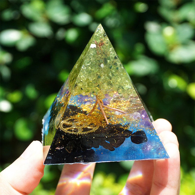 Olivenorma Peridot Amethyst With Black Tourmaline Orgone Pyramid