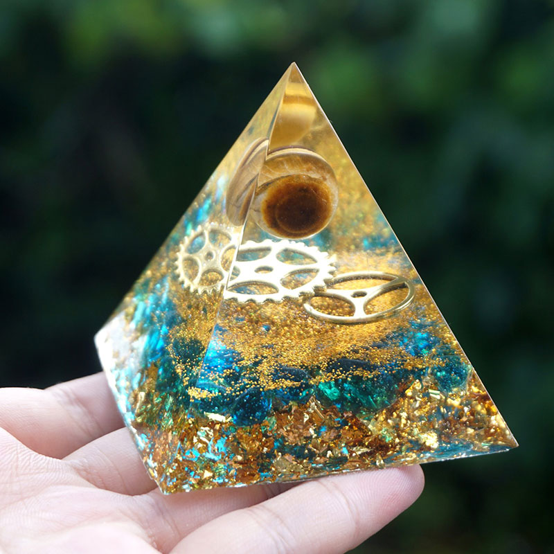 Olivenorma Tiger Eye Sphere With Blue Quartz Orgone Pyramid