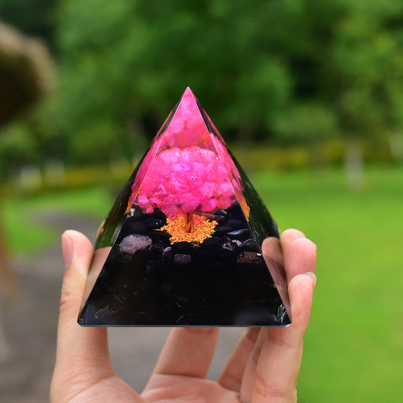 Olivenorma Obsidian with Pink Crystal Healing Orgone Pyramid