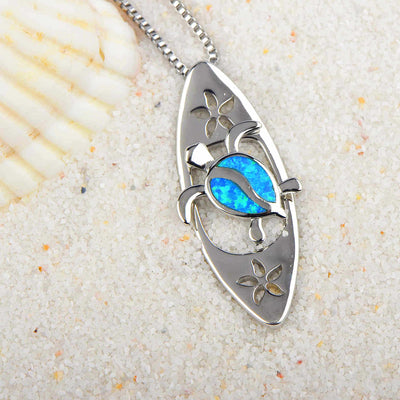 Olivenorma Blue Opal Surfboard Turtle Pendant Necklace