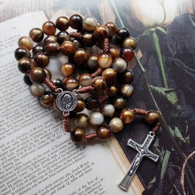 Olivenorma 10mm Agate Beads Jesus Cross Pendant Rosary Necklace