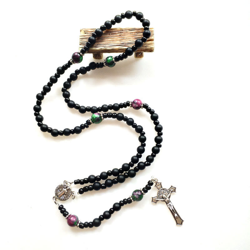 Olivenorma Black Onyx Ruby Zoisite Cross Rosary Necklace