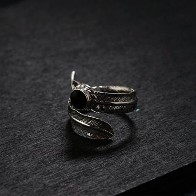 Olivenorma Hip-Hop Black Onyx Adjustable Feather Ring